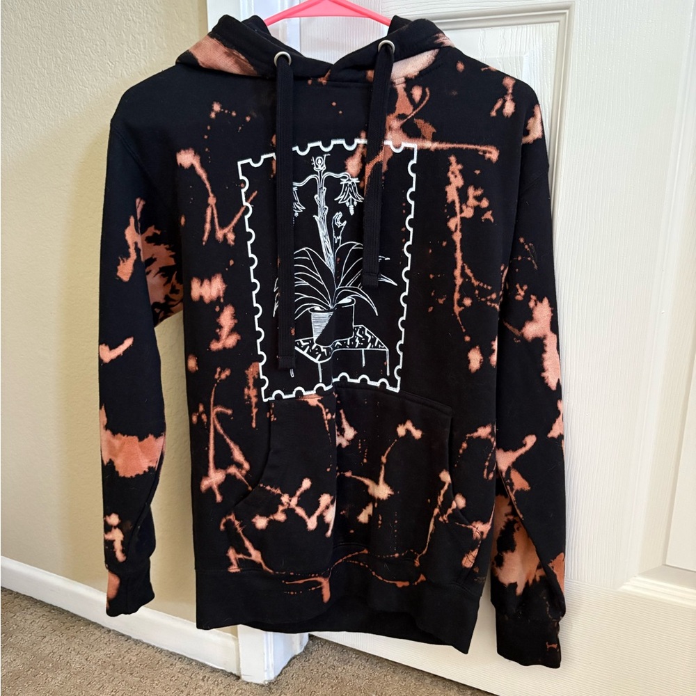 Handmade Bleach-Dyed Black Hoodie with Botanical Graphic – Size Small